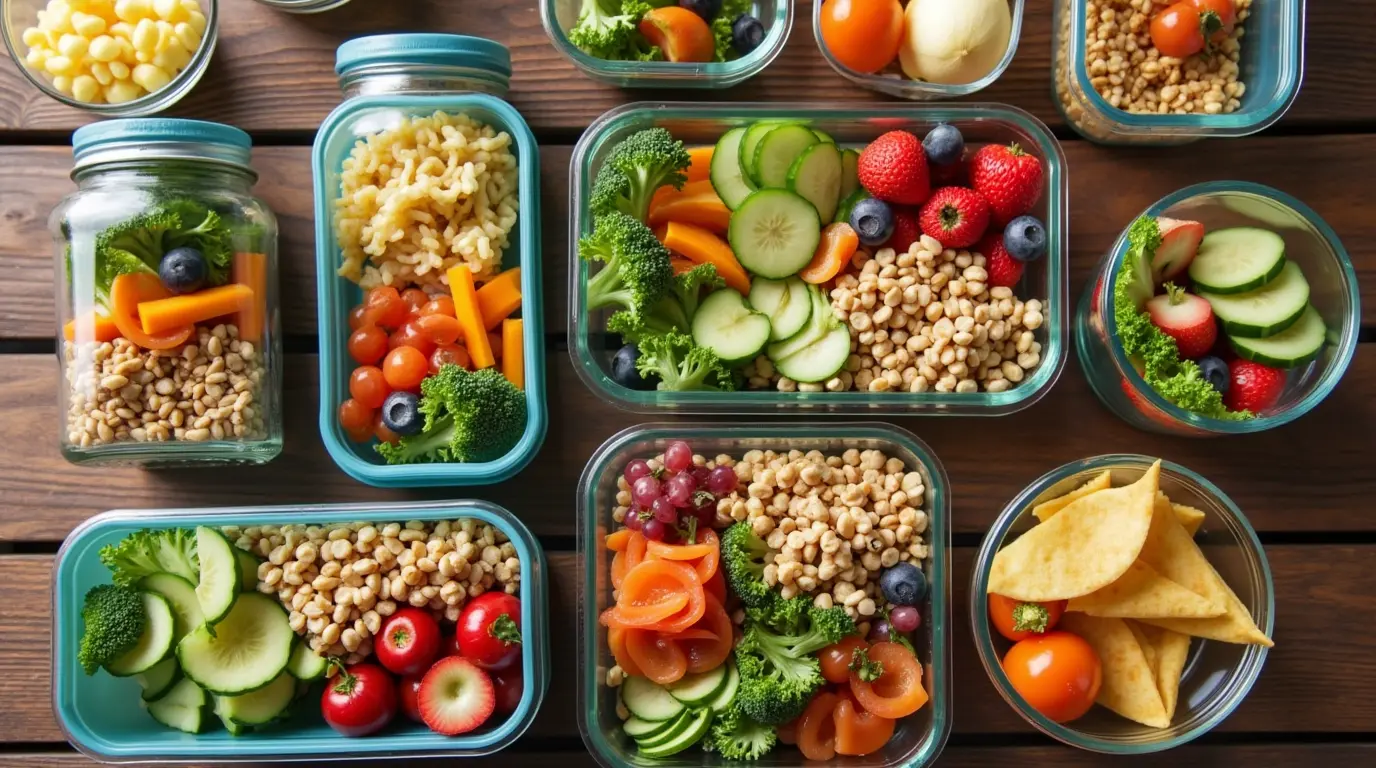 Delicious and natural make-ahead lunch ideas for work arranged on a table