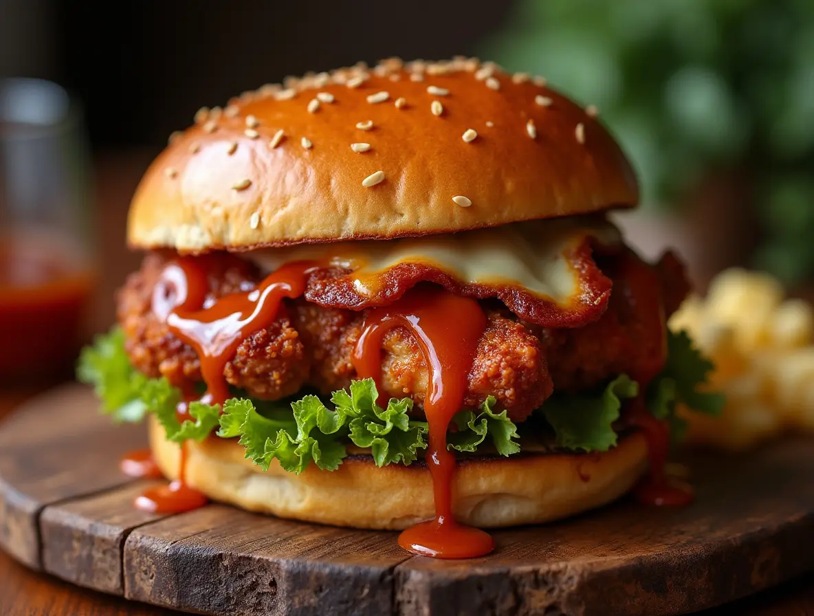 BBQ chicken sandwich on a wooden board